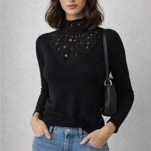 Vintage Spanner Lace Turtleneck Black Victorian Crochet Neck Wool Blend Top